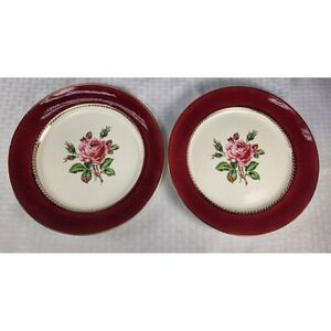 2 Vintage Stetson 22kt Gold Dinner Plates Lady Marlow Rose Burgundy 10"